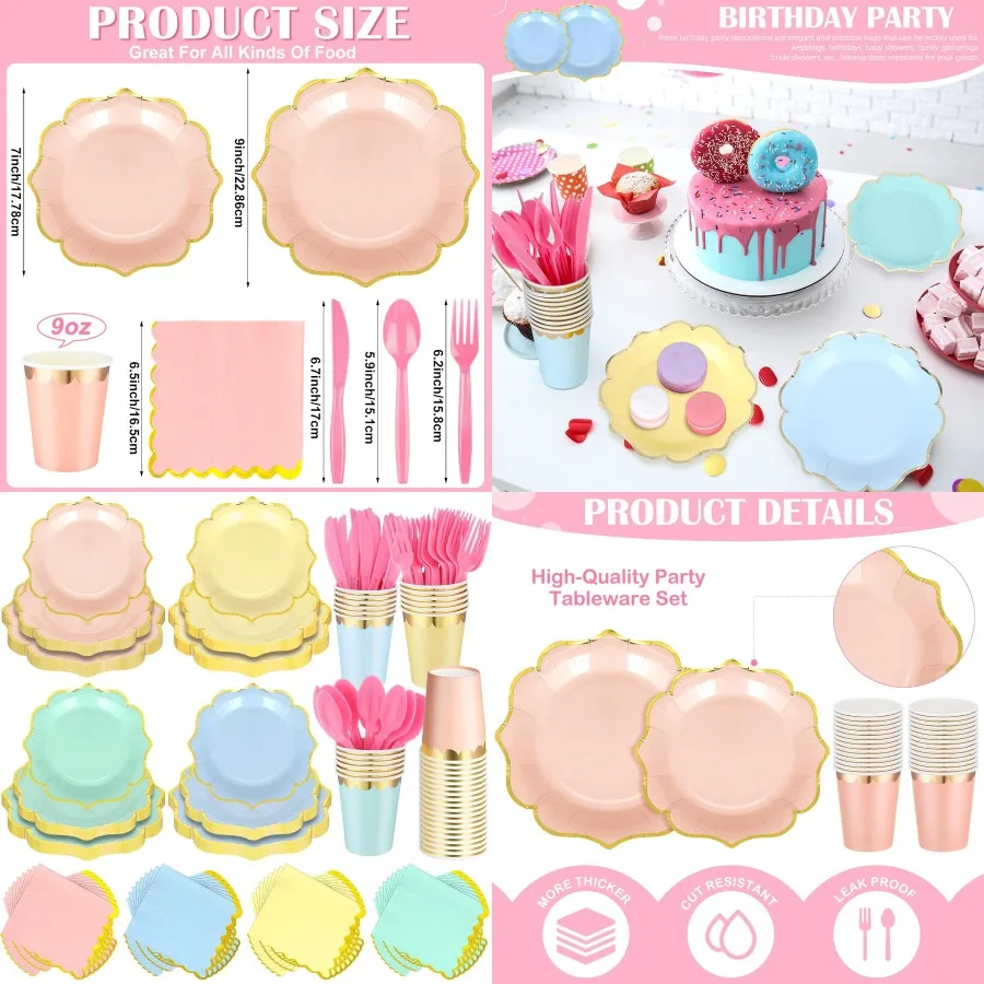 

168 шт. пастельные зубчатые бумажные тарелки, чашки, салфетки с золотой фольгой, цветной одноразовый набор посуды Macaron для принцессы Birthda
