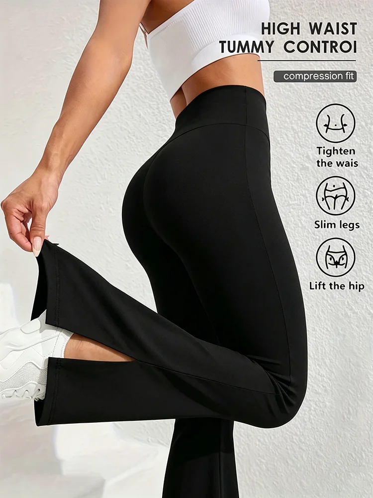 Women's Casual Slit Yoga Pants, Summer High-Waisted Flared Pants, Tummy-Controlling Tight Breathable Sports Pants