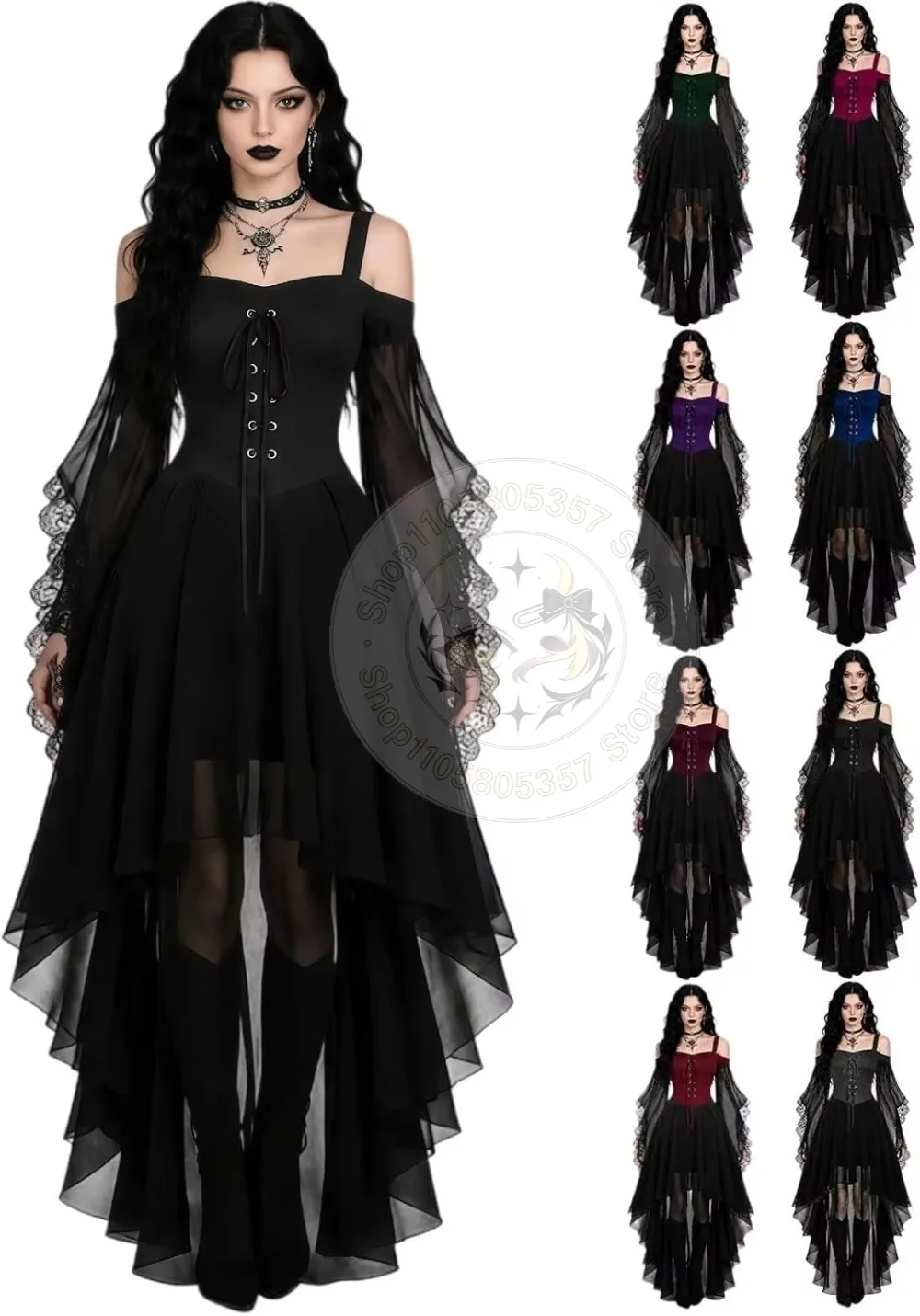 Vintage Women Medieval Gothic Vampire Witch Costume Butterfly Sleeve Mesh Irregular Hem Dress Halloween Carnival Party Outfit
