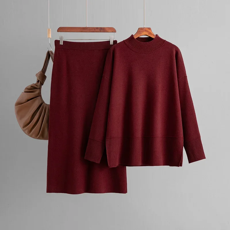 Solid Color Turtleneck Sweater Split Half Hip Skirt Two-piece Autumn and Winter New Elegant Knitted Skirts Suit Women Outfits