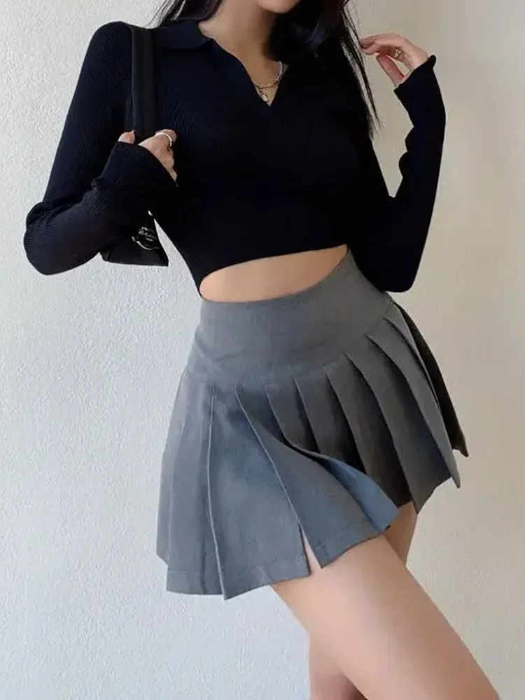 QWEEK Grey Pleated Mini Skirt Women Sexy Split Korean Style High Waist A-line Slim Micro Skirt Shorts Gyaru Summer Streetwear