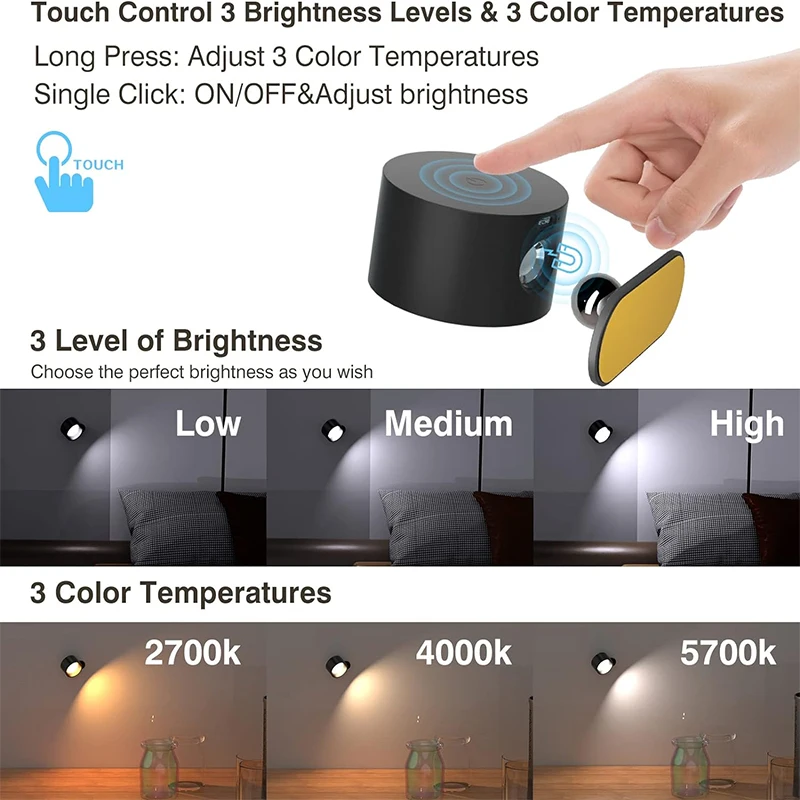 Led Wall Lamp Touch Control Remote 360 Rotatable USB Recharge Wireless Portable Night Light For Bedroom Reading Lamp