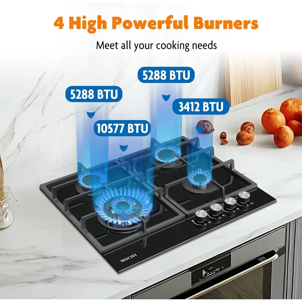 Kompor Gas Tanam 24 Inci 4 Tungku - Permukaan Kaca Temper Hitam dengan Kit Konversi Bahan Bakar Ganda NG/LPG, Proteksi Termokopel