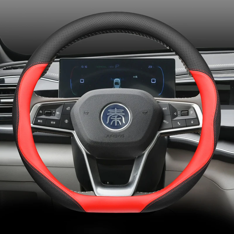 

For BYD Qin Plus DM-i/EV Nappa Leather Steering Wheel Cover Non-slip Durable Four Season Universal Car Interior Accessories