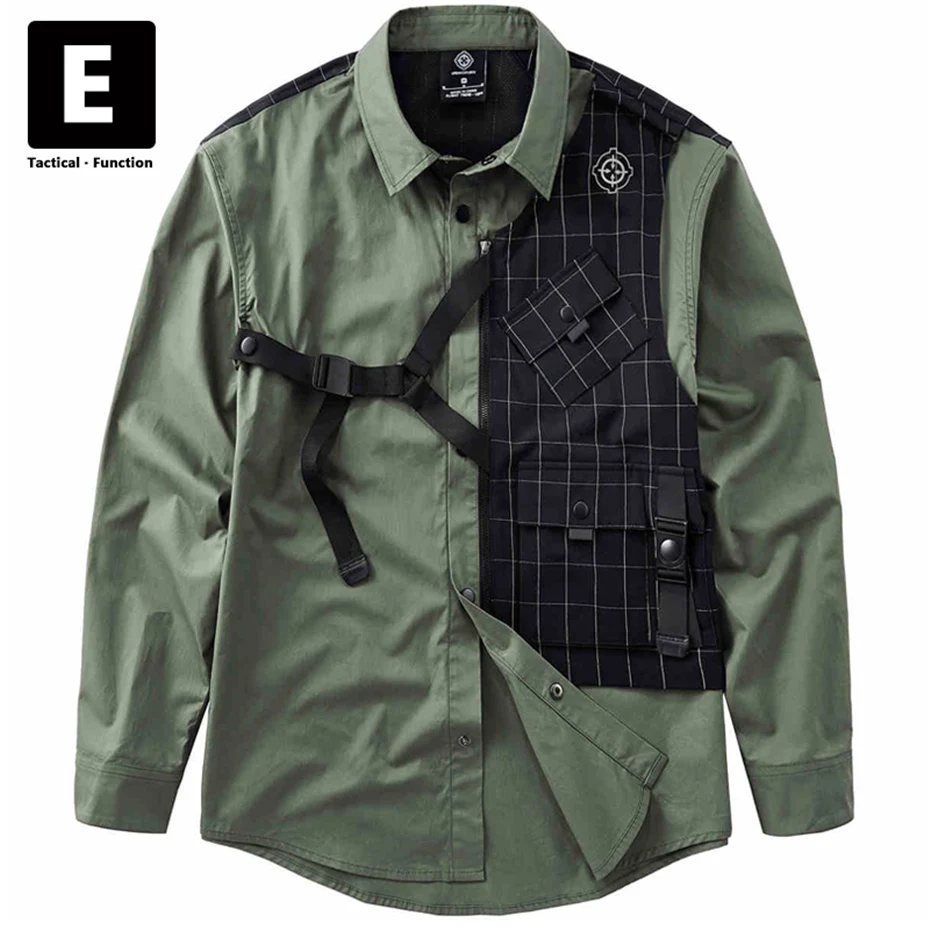 

Green Cargo Shirt Men Spring Autumn Long Sleeve Shirts Military Shirt Hip Hop Streetwear Techwear Detachable Patchwork Design