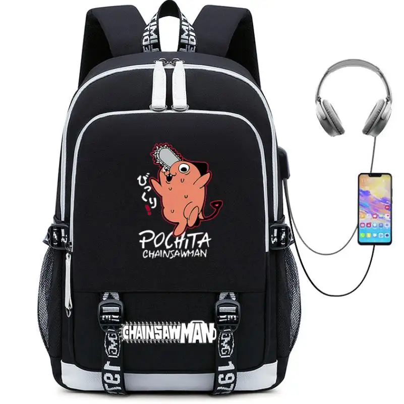 The Chainsaw Man Girls Backpack Fashion Teenager Bookbag Printing Canvas USB Charging Backpacks Laptop School-Bags Travel Female