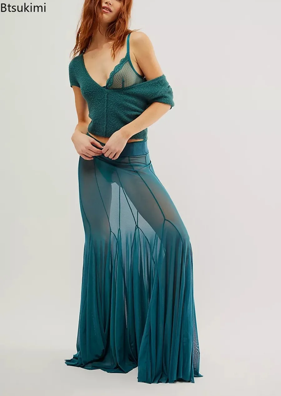 2025 New Fashionable Women’s Sexy Mesh Sheer Long Skirts Elastic High Waist Irregular Hem See-through Casual A-line Flowy Skirts