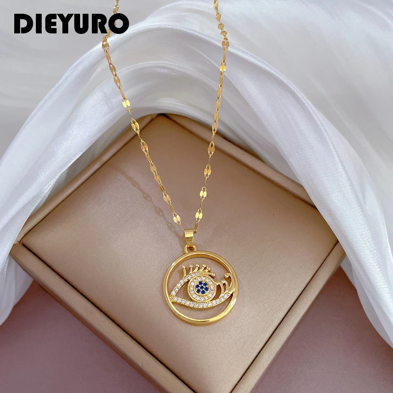 DIEYURO 316L Stainless Steel Eyelash Eye Pendant Necklace For Women New Design Girls Clavicle Chain Birthday Party Jewelry Gifts