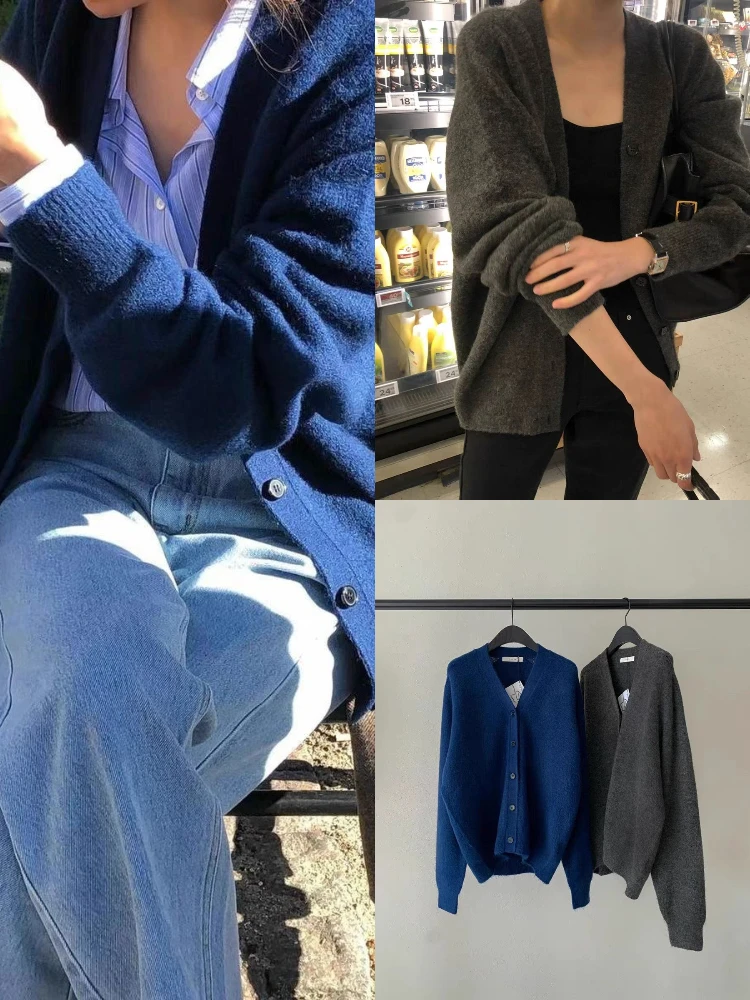 

Spring 2024 Women's Loose Knitted V-Ne Pure Color Slimming Cardigan Simple Elegance Sle Long Sve Regular Length Cardigan