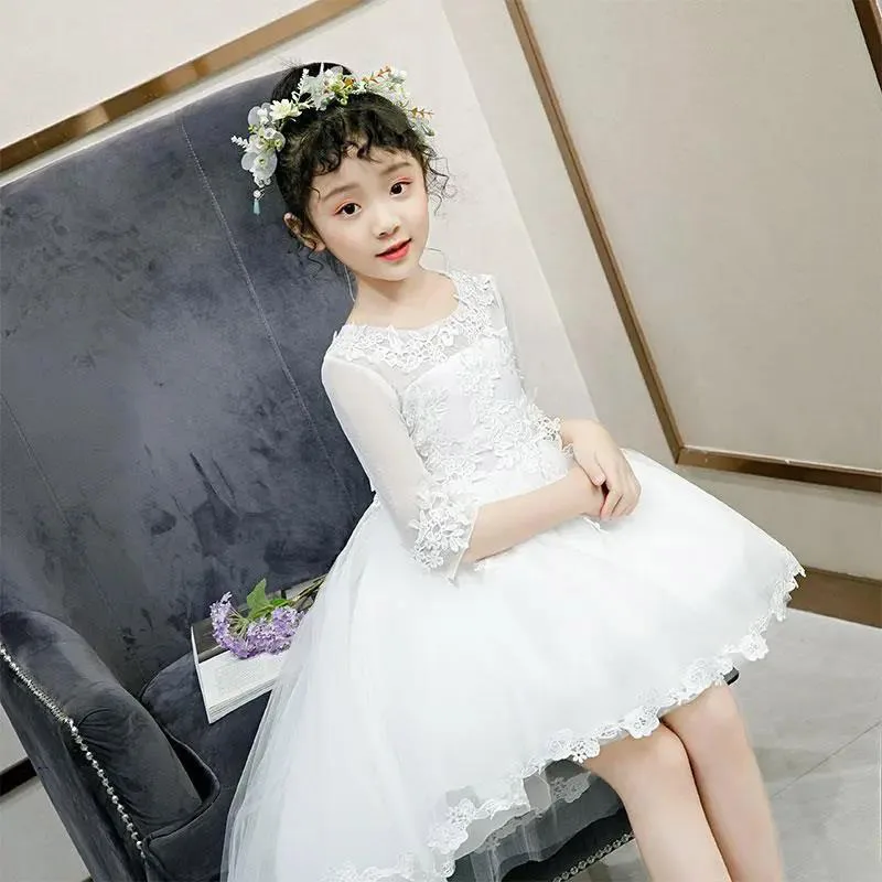 Girl\'s Princess Dress Tail Dress Children\'s White Gauze Dress Host Piano Performance Dress Flower Girl Wedding Little Girl