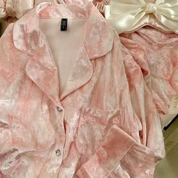 Pink Velvet 2PCS Pajamas Set Women Sleepwear Loungewear Autumn Velour Nightwear Pijamas Trouser Suit Casual Homewear Lingerie