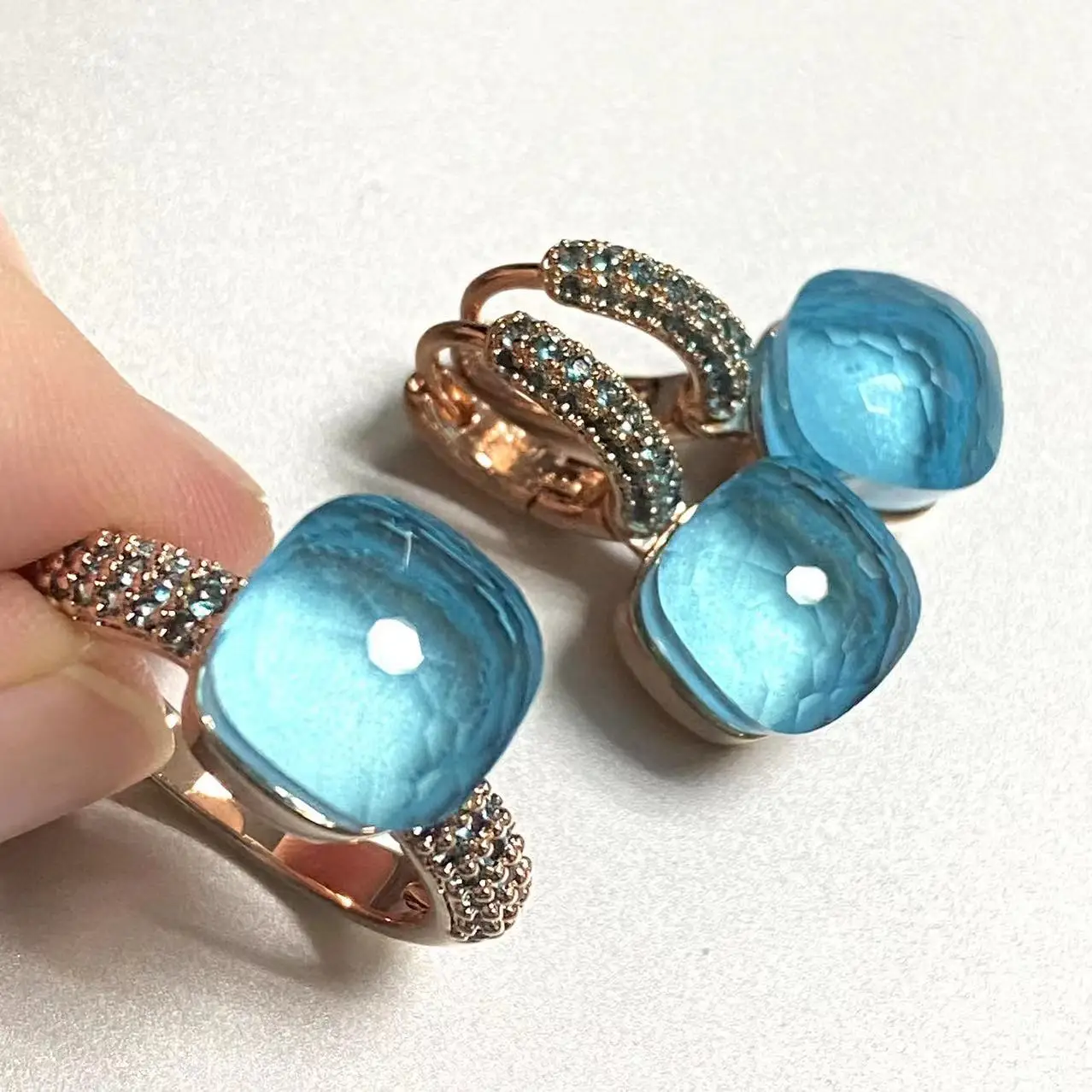 2Pcs/Set Classic Jewelry Set Earrings Jewelry Set Inlay Blue Topaz Zircon Rose Gold Plated 30Colors Candy Crystal Jewelry Set