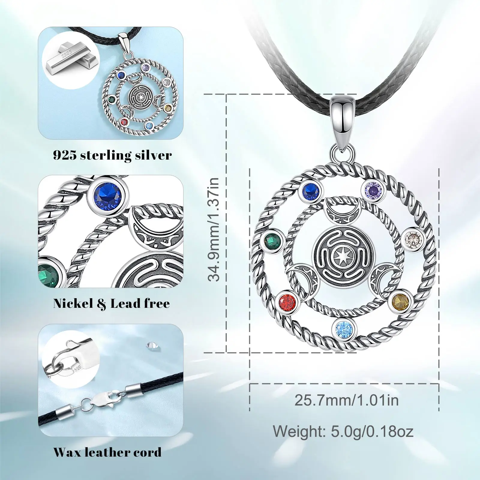 Eudora 925 Sterling Silver Hecate Wheel Necklace 7 chakras Triple Moon Goddess Amulet Pendant Witch Jewelry for Women Man Gift