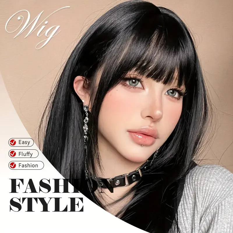 Black Straight Synthetic Wigs With Bangs Short Black Fake Hair Natural Wigs for Women Lolita Daily Heat Resistant Fiber Wig