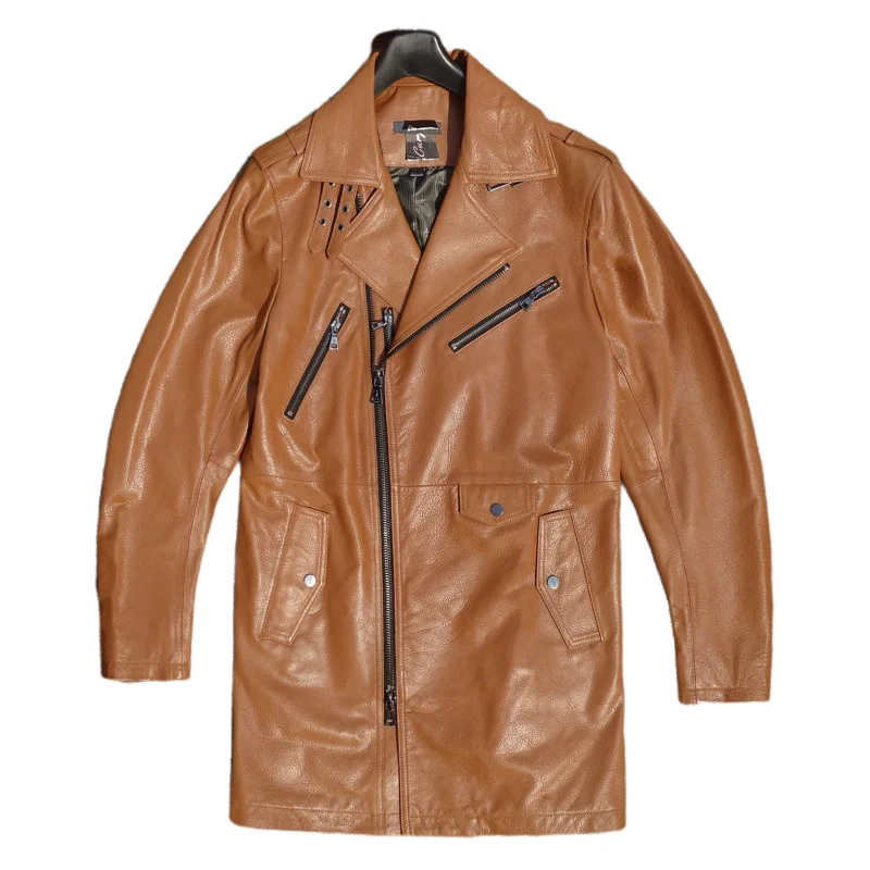 Orange Autumn Long Leather Jacket Men England Style Plus Size 4XL Genuine Natural Sheepskin Diagonal Zipper Windbreaker Coat