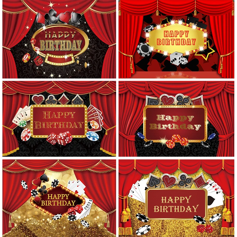 

Happy Birthday Casino Party Backdrop Photography Red Curtain Decoration Poker Card Gambling Theme Party Photo Background Banner