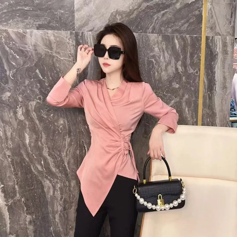 European Goods Pure Desire for Sexy Irregular Design V-neck Long Sleeve Shirt Female Spring Waist Slimming Foreign Style Top