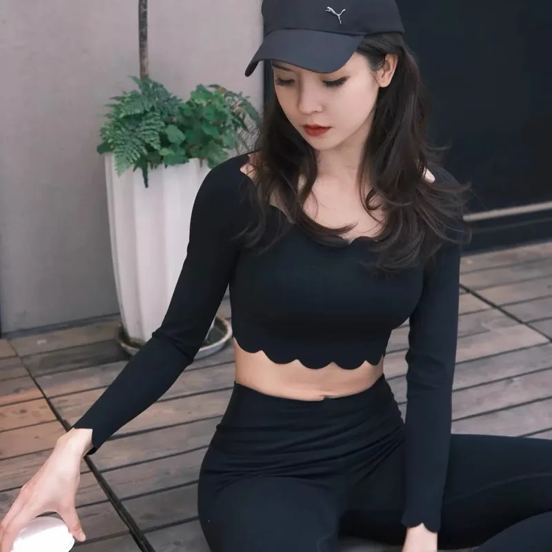 FUBEIKE Off-Shoulder Shell Tops Yoga Long Sleeve Sports For Women Lace Gym Top With Chest Pads Slim Fit Leggings Activewear