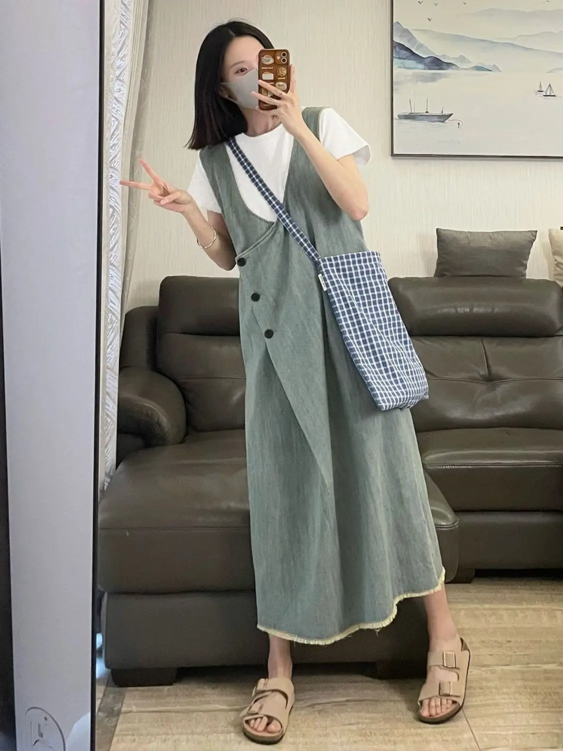 Abito elegante alla moda e versatile, girocollo, t-shirt a maniche corte, gilet, abito in denim