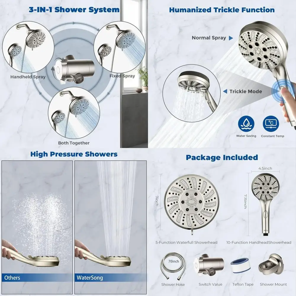 

6-Setting Shower Combo: Handheld Spray + 5-Setting Rainfall, High-Pressure 70 Stainless Steel Hose, Brushed Nickel