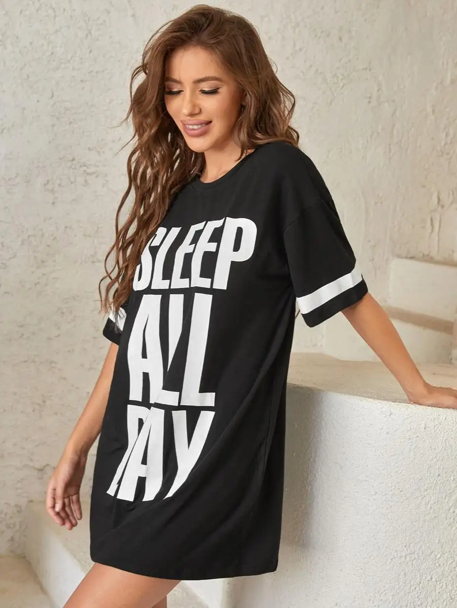 

Slogan Graphic Drop Shoulder Sleep Dress For Women