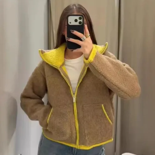 

Women Elegant Color-blocking Cardigan Casual Stand Collar Zipper Pocket Short Coat Lady Winter Daily Commute Street Chic Coat