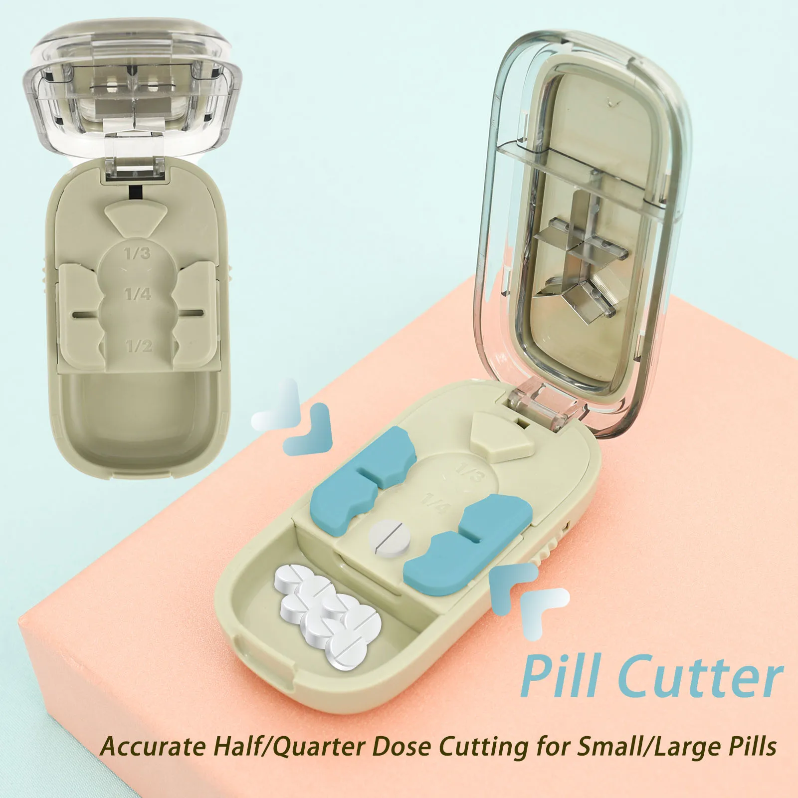 Portable Pill Cutter with Stainless Steel Blades Pill Splitter Crusher Storage Box Accurate Half/Quarter Dose Cutting  Pills