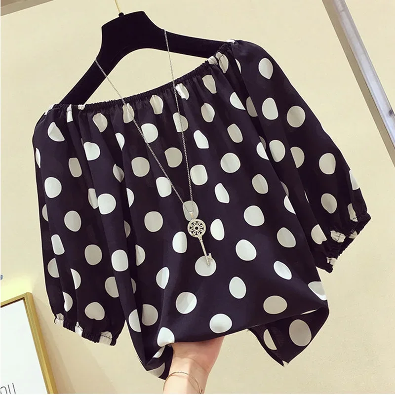 

Black Polka Dot Print Chiffon Slash Neck Short Sleeve Loose Women's Blouse Shirt Korean Female Clothing Tops 2024 Summer CY458