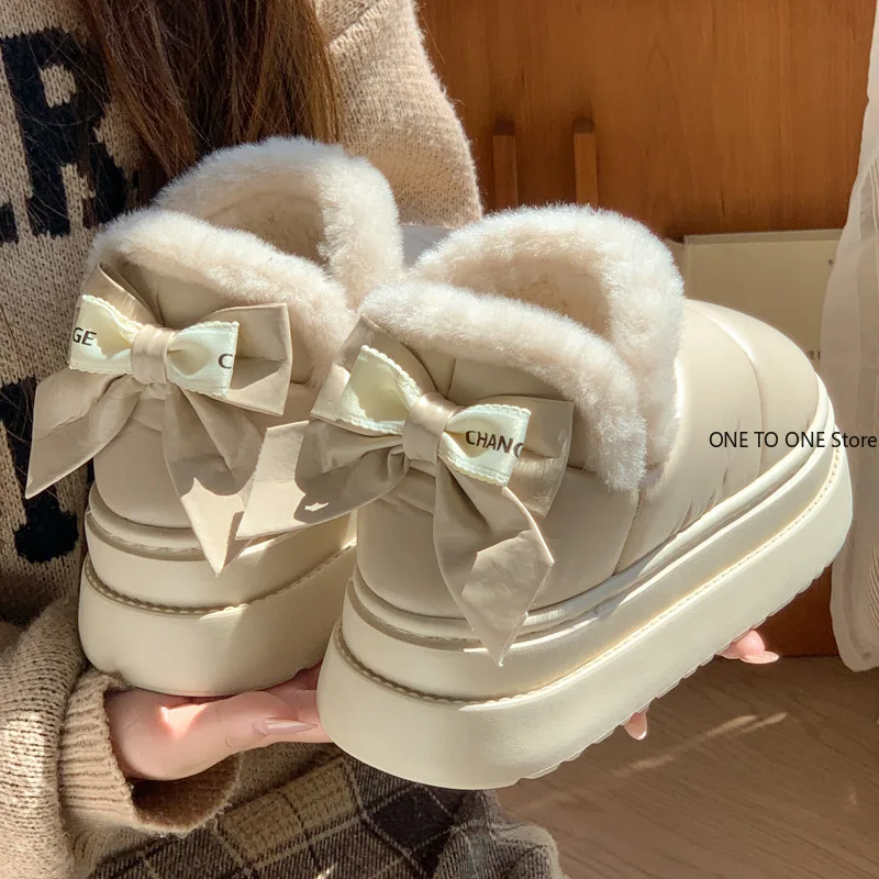 

Fashionable Thick-soled Heightening Bow Cotton Shoes Women's Winter Velvet Warm Soft-soled Confinement Shoes Hairy Snow Shoes