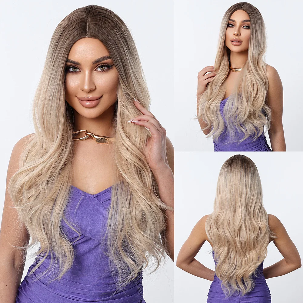 Wig female medium point gradual change long curly hair blond big wave wig full head cover European and American daily wig cover