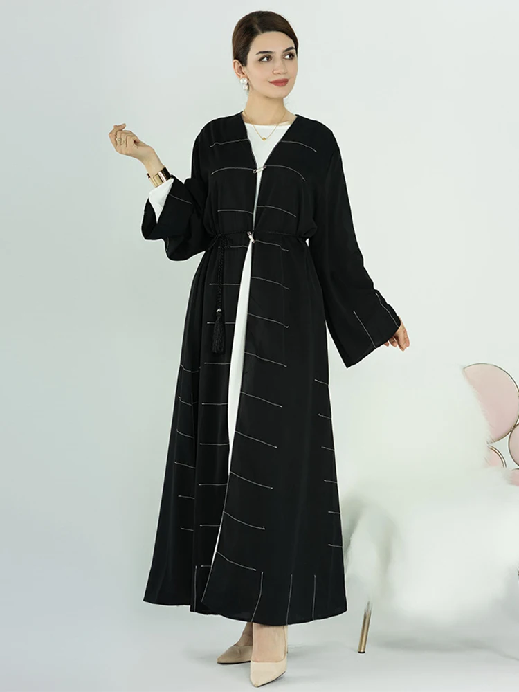 

Solid Open Kimono for Women, Turkish, Dubai, Abaya, Moroccan Kaftan, Islamic Belted Outfits, Jalabiyat, Saudi, African Clothing