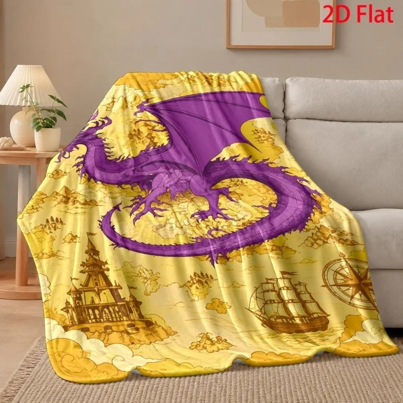 Purple Dragon Medieval Castle Sailing Ship Map Print Throw Blanket, Fantasy Style Decorative Throw for Indoor