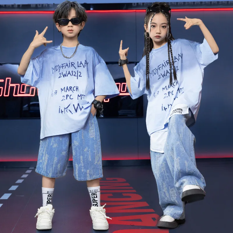 [15-70KG]Kids Gradient Letter Short Sleeve T-Shirt Boys Japanese & Korean Fashion Clothing Girls Hip Hop Jazz Dance Short Sleeve