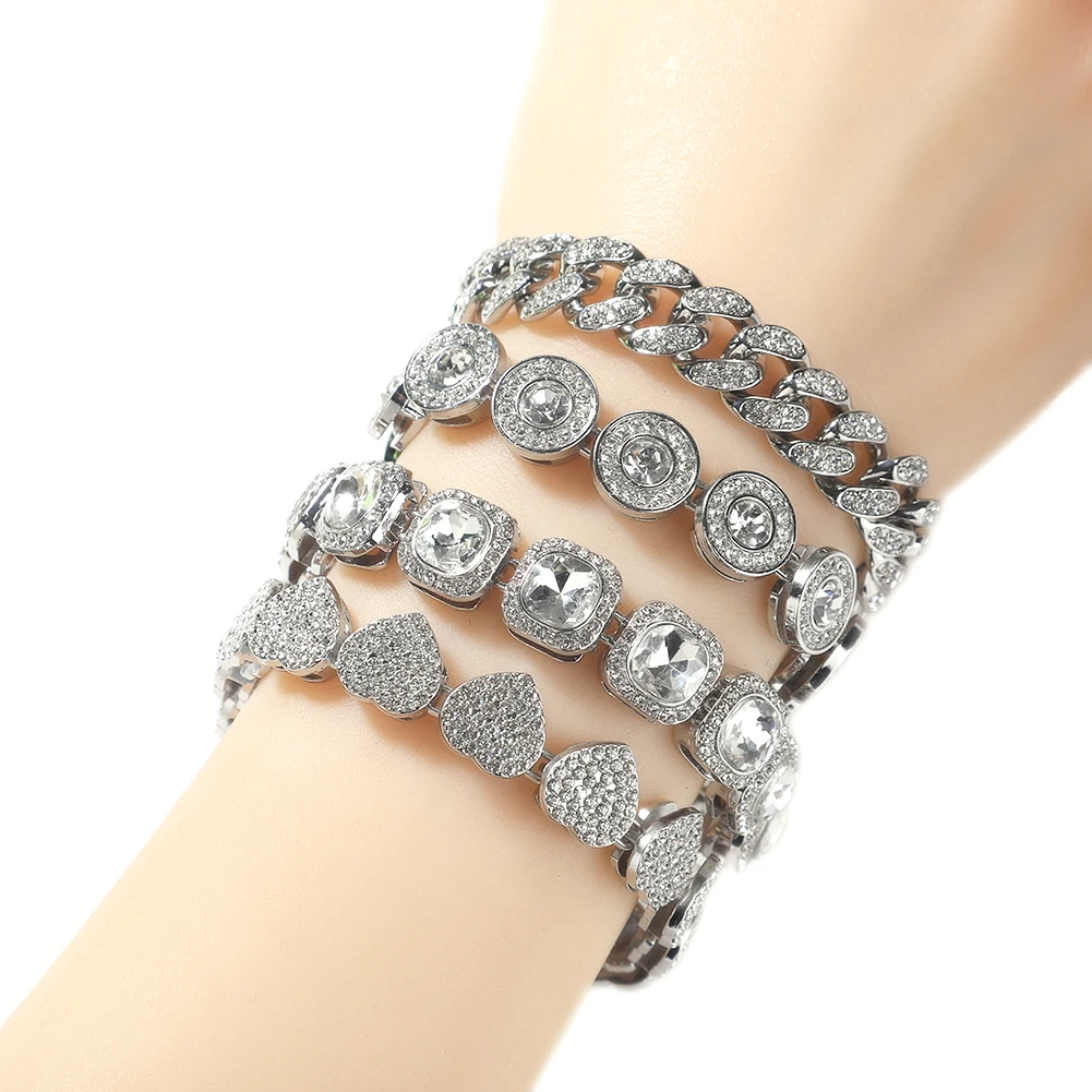 TBTK 4pcs Set Bracelets Micro Paved Bling Rhinestones Heart Cuban Link Zinc Alloy Bracelets Men Women Hiphop Jewelry