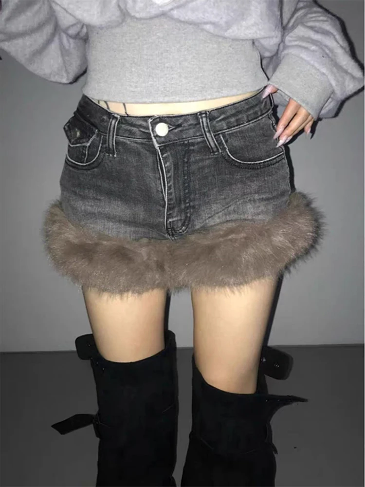 American style retro plush spliced denim shorts women autumn winter new spicy girls wrapped buttocks rough edges hot pants