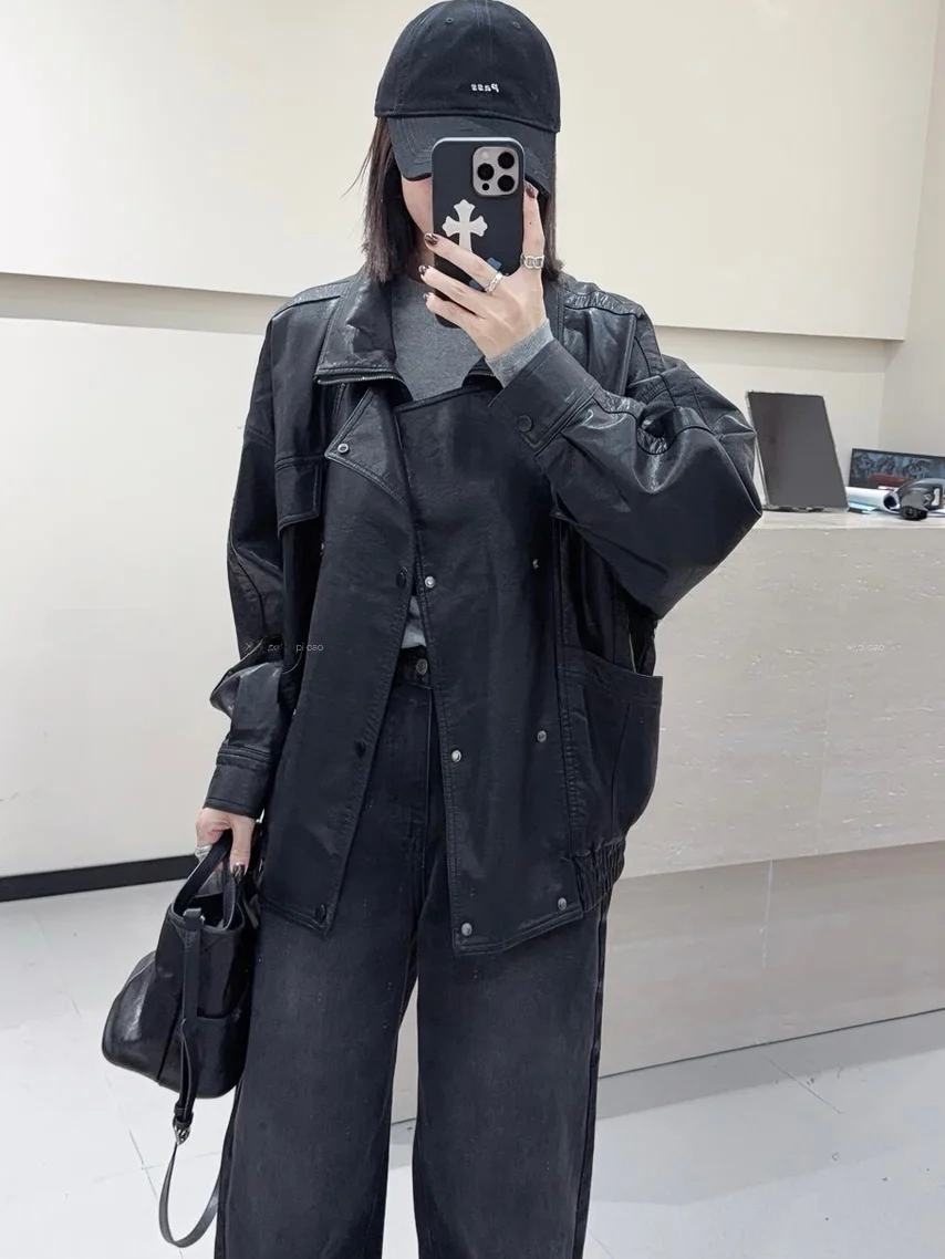 

2025 New Style Women's Sheepskin Leather Jacket Mid-Length Coat Loose Fit Slimming Versatile Outerwear Trendy Commute Windbre...