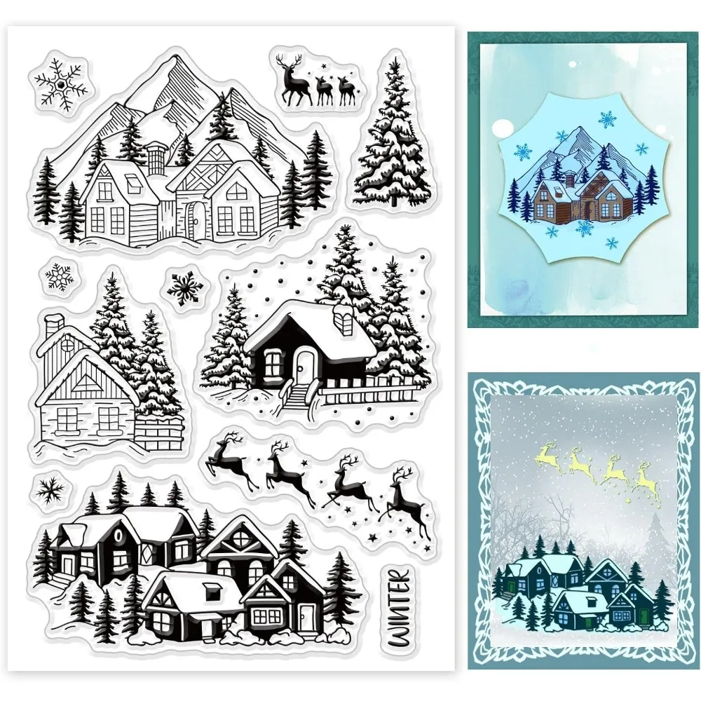 Winter Theme Clear Stamps, Snow House Elk Snowflake Holy Tree Silicone Stamps for Card Making Decoration and DIY Scrapbooking