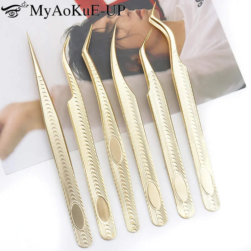 

Eyelash Extension Tweezers False Lashes Lifting Eyebrow Clip Stainless Steel Gold Grip Anti-Slip Eyelashes Tweezers Makeup Tool