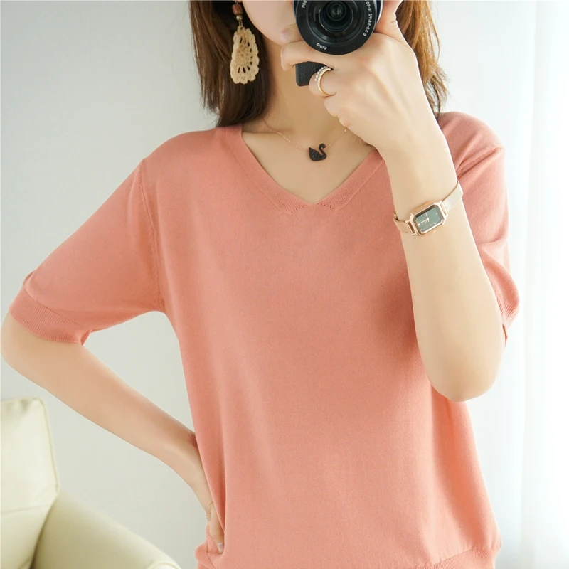 Summer  Ice Silk Loose Knitted Short Sleeve V-Neck Women's T-Shirt Base Layer Top Fashionable Korean Style Commute Wind