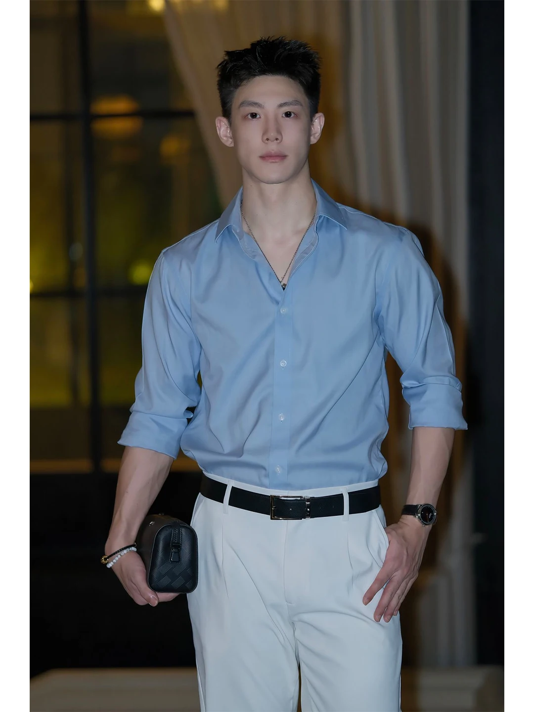 

Blue Long Sve irt Jaet for Men Mature Light Maturi Sle Autumn Outerwear Cleanfit Advanced Feeling Men's Clothing