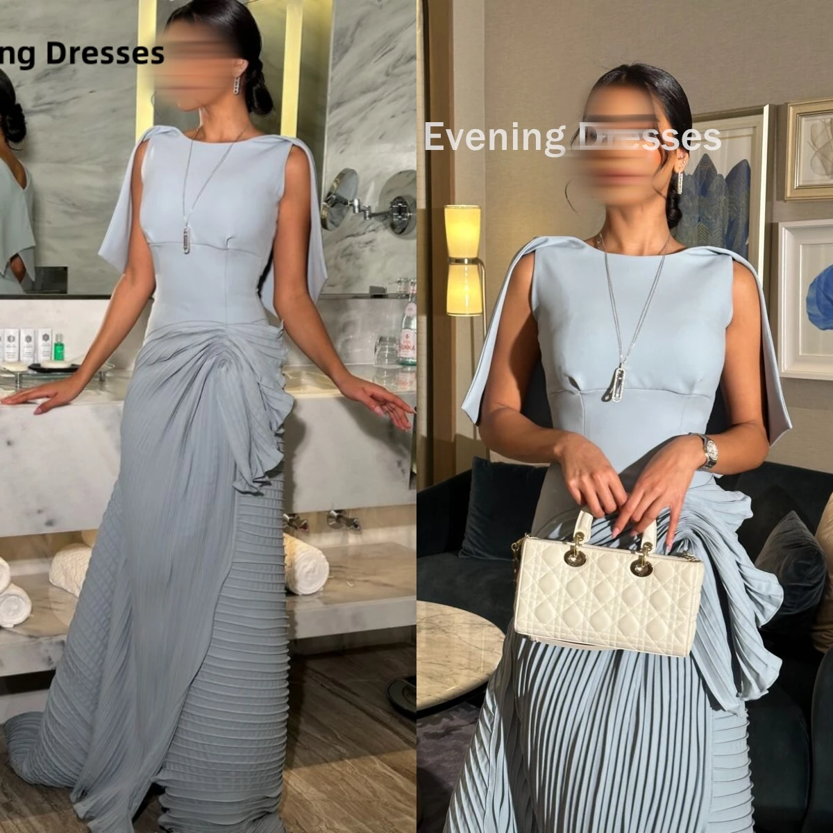 Blue Dress Saudi Arabia Women Shawl Scoop Neckline Evening Party Dress For Special Events 2024 Ruffle Prom Dresses Customized