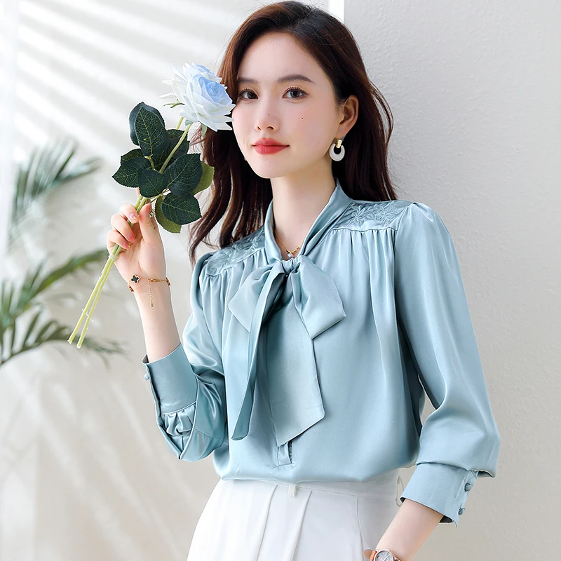 Fashion Long Sleeve Bow Collar Women Blouse Bow Black White Chiffon Blouse Shirt Women Tops Blusas Para Mujer Blusa Shirts H398