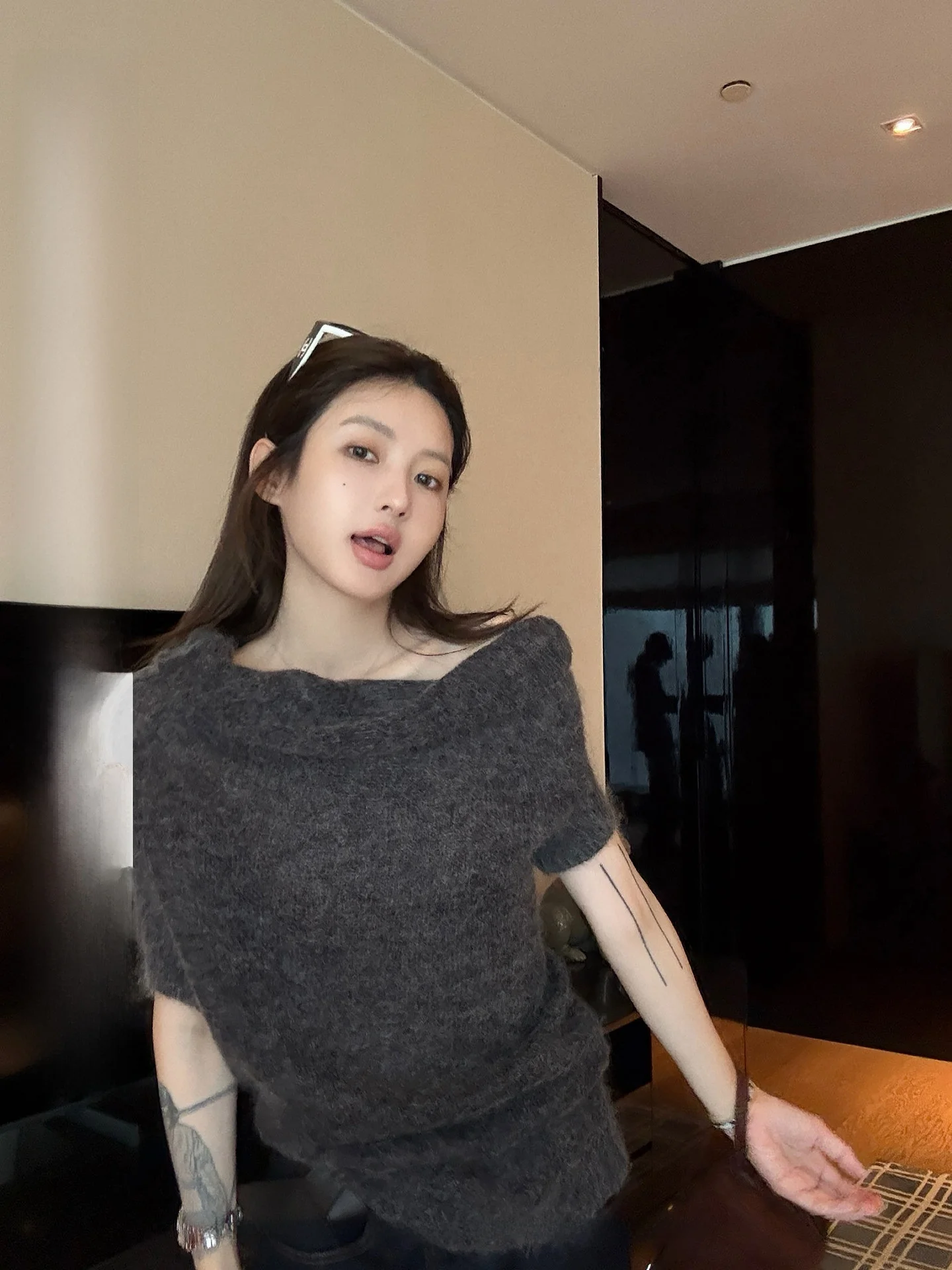 

NingSi Deep Grey Women's Woolen Sweater mid Sleeve Knitted Outerwear Casual Style Slimming Top for Autumn Season