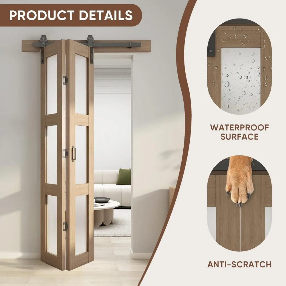 Double Fold Glass Barn Door, Double Fold Glass Sliding Barn Door Kit Including Hardware, 3 Panel Glass Barn Door Panel, Brown