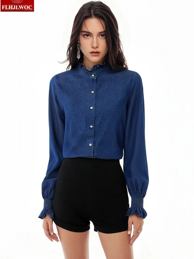 

Cotton Denim Shirt 2026 Spring New Temperament Women Blouse Office Lady Blue Jeans Stand Collar Top American Retro Button Shirts