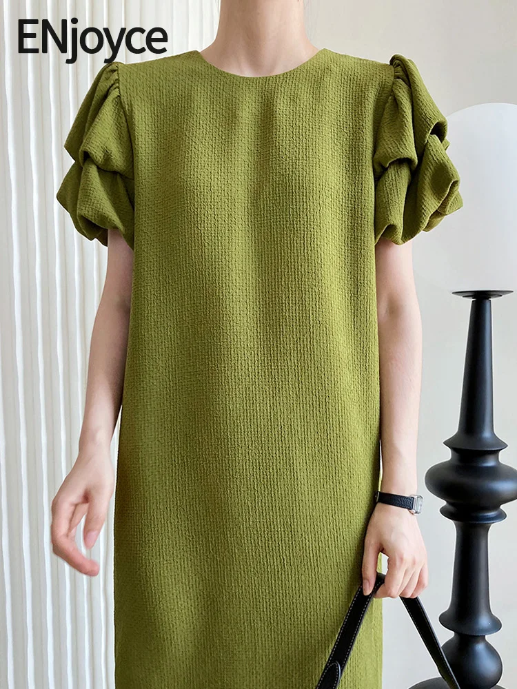 

ENjoyce Summer Vintage Korean Fashion Bubble Sleeved Maxi Dress Women Elegant Casual Straight Long Dresses