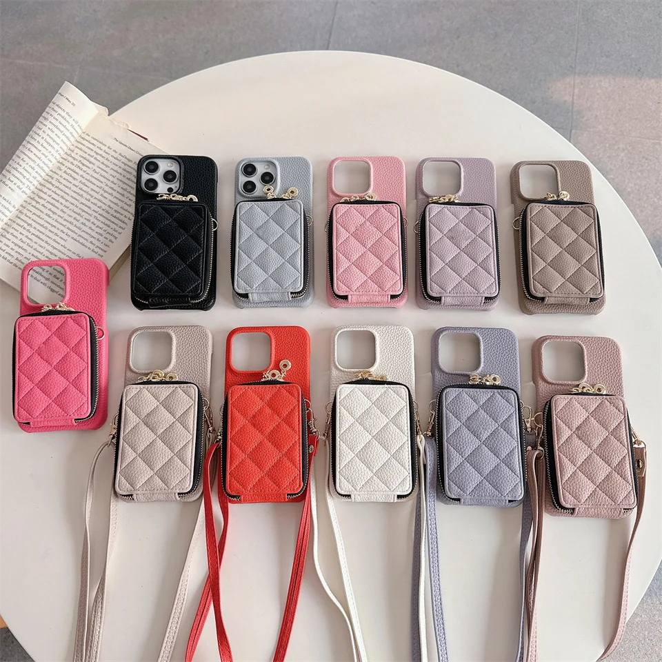 Zipper Crossbody Lanyard Wallet Card Holder Phone Case for iPhone 15 Pro Max 14 Plus 13 12 11 7 8 SE 2022 PU Leather cover