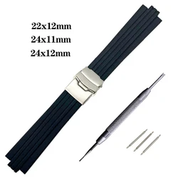 Silicone Rubber Watchband For Oris Aquis 7330 7740 Watch Band 22x12mm 24x11mm 24x12mm Convex Strap Waterproof Wristband Black