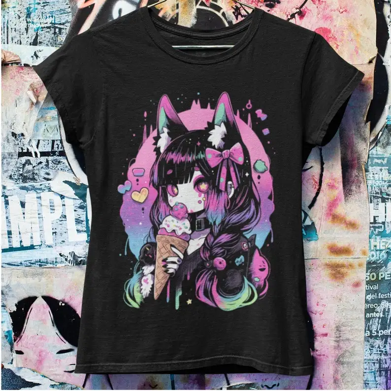Street Fashion Style Y2K Anime Ice Cream Girl Print Cyberpunk Style Versatile and Personalized Cotton Short-sleeve Shirt