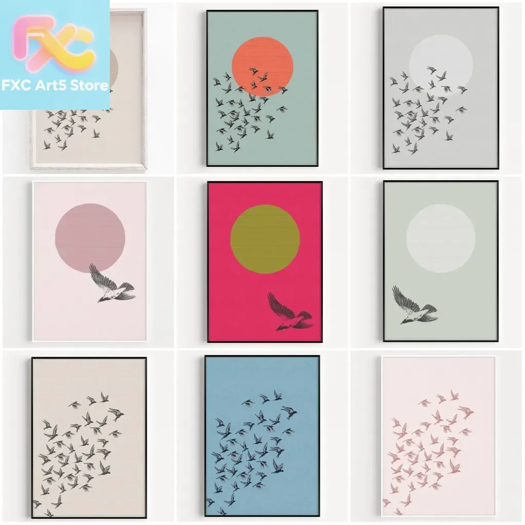 1pc frameless Vintage Minimalist Scandinavian Animal Wall Art Poster and Print Bird in Sky Canvas Painting Living Room Home Deco